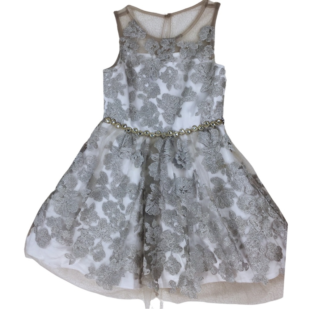 RARE EDITIONS Silver Tulle Lace Floral Princess Formal Layered Dress size 8